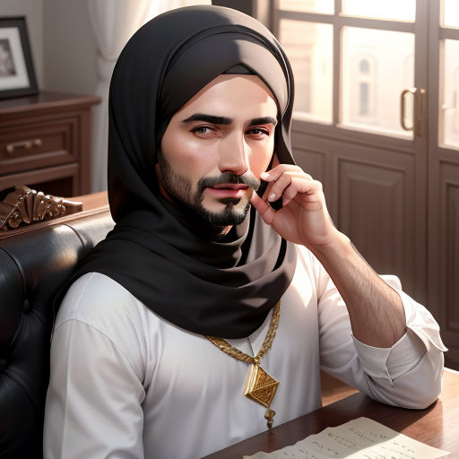 a man in a black head scarf sitting at a desk with a pen in his hand and a book in his other hand, remodernism, a character portrait, Altoon Sultan, realistic character concept