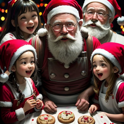 a group of children and santa claus are standing around a table with cookies and cookies on it, and a man in a santa suit