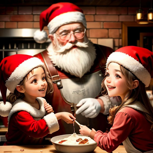 a couple of kids that are eating some food together in front of santa clause on the wall behind them