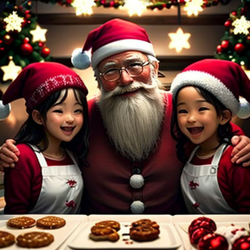 a man and two girls standing next to a table with cookies and cookies on it and a santa clause hat