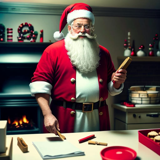 a man dressed as santa claus holding a piece of wood next to a box of cookies and a box of cookies