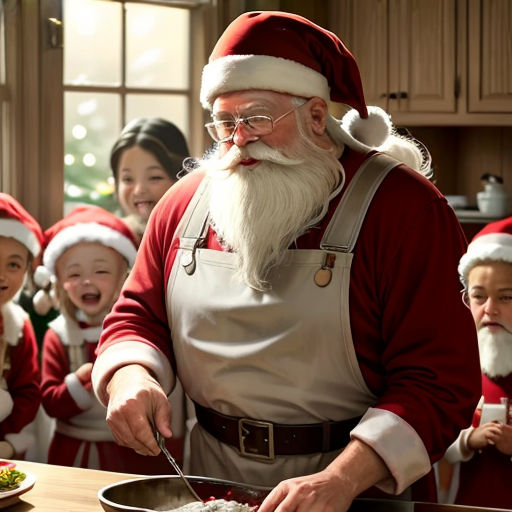a man in a santa suit cutting a cake with a group of children in the background wearing santa hats