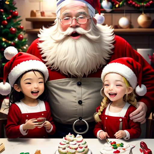 a santa clause is standing behind two little girls at a table with cupcakes and a cake on it
