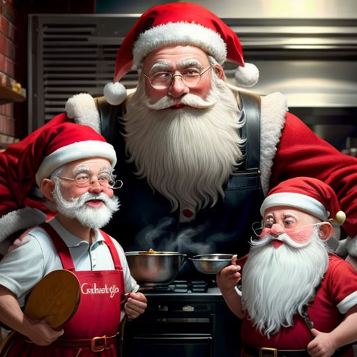 a group of santa clauss standing next to each other in a kitchen with a stove and a pot