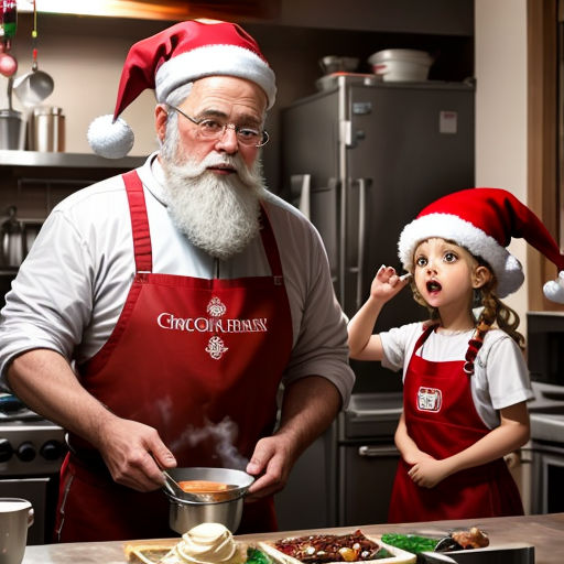 a man in a santa hat cooking with a little girl in a kitchen behind him and a christmas hat on