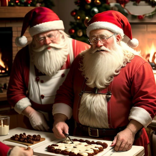 two santas are preparing a christmas cookie together for a party or gathering in the kitchen or living room