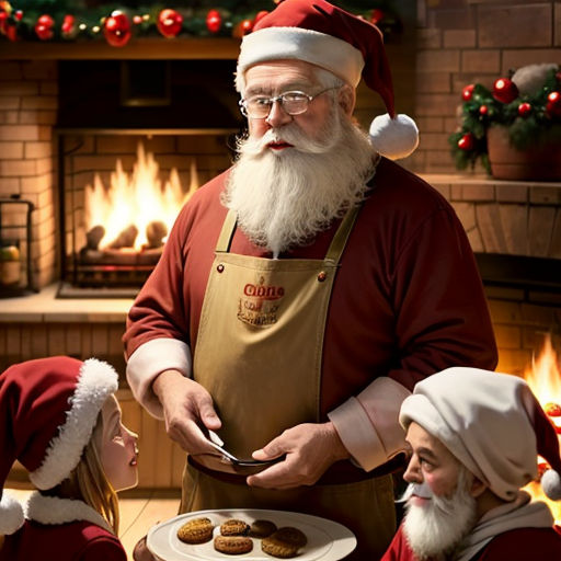 a man in a santa hat is cutting a cookie with two children in front of him and a fireplace