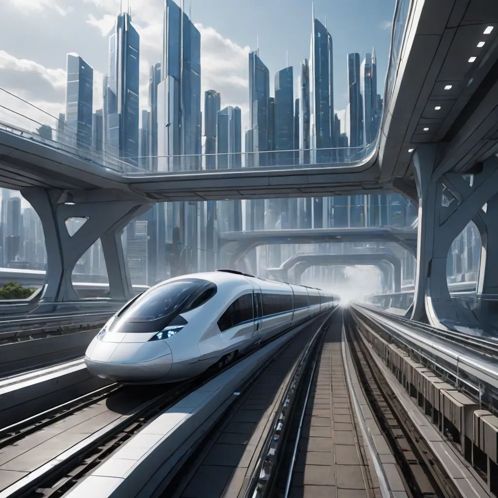 a futuristic train traveling through a city with tall buildings in the background and a futuristic bridge in the foreground, futurism, a detailed matte painting, Dahlov Ipcar, future