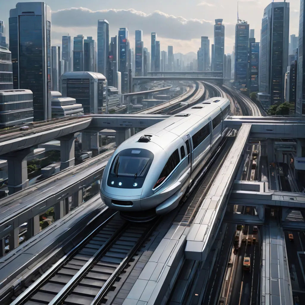 a train is traveling through a city with tall buildings in the background and a train on the tracks in the foreground, futurism, a detailed matte painting, Dahlov Ipcar, ue 5