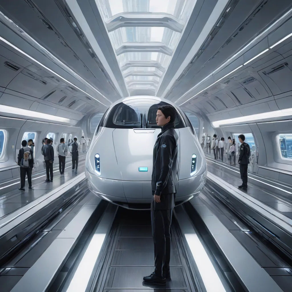 a woman standing in front of a train in a futuristic setting with people standing around it and looking at the train, futurism, a detailed matte painting, Cedric Peyravernay, ue 5