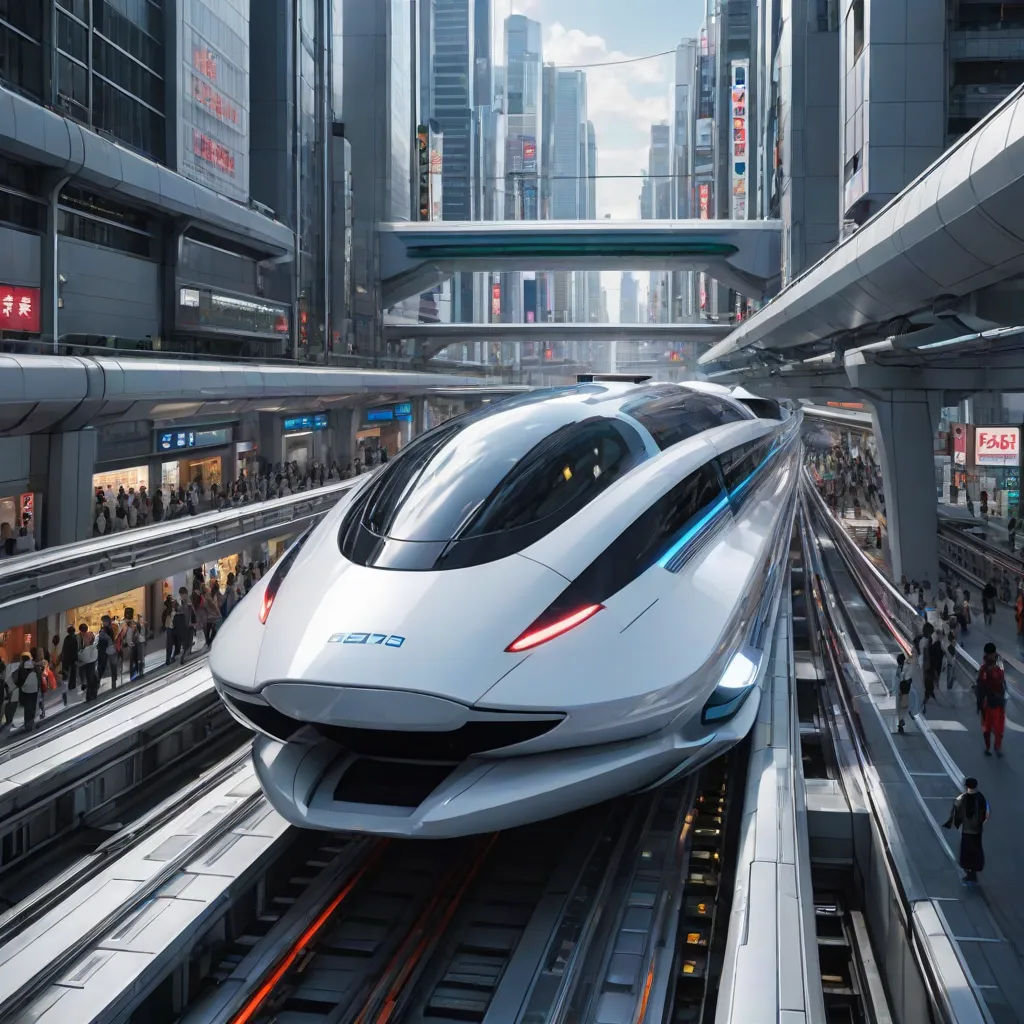 a futuristic train traveling through a city with tall buildings in the background and people walking on the platform to the side, futurism, a digital rendering, Dahlov Ipcar, ue 5
