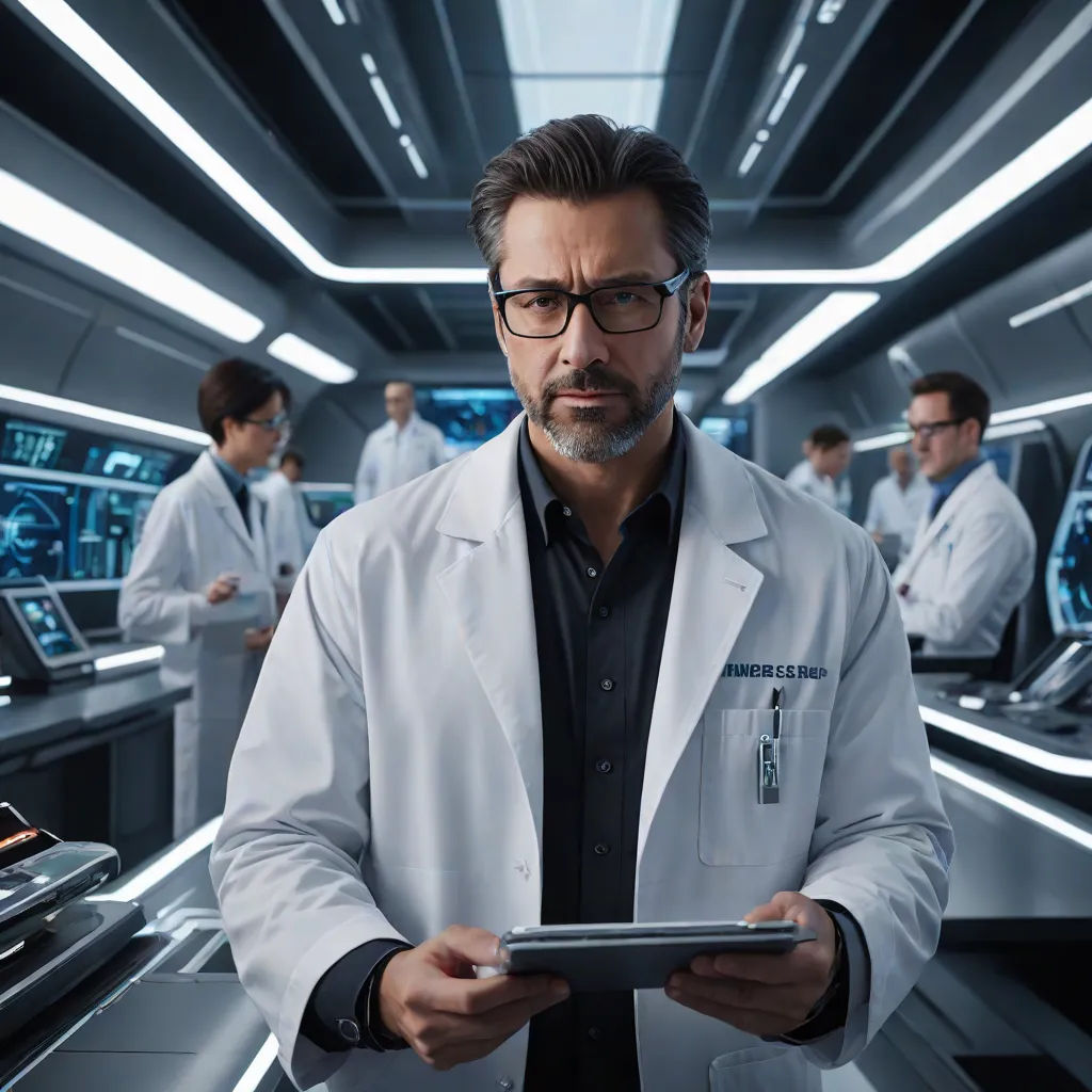 a man in a lab coat holding a tablet in a room full of other men in white coats and glasses, futurism, a stock photo, Dr. Atl, promotional image
