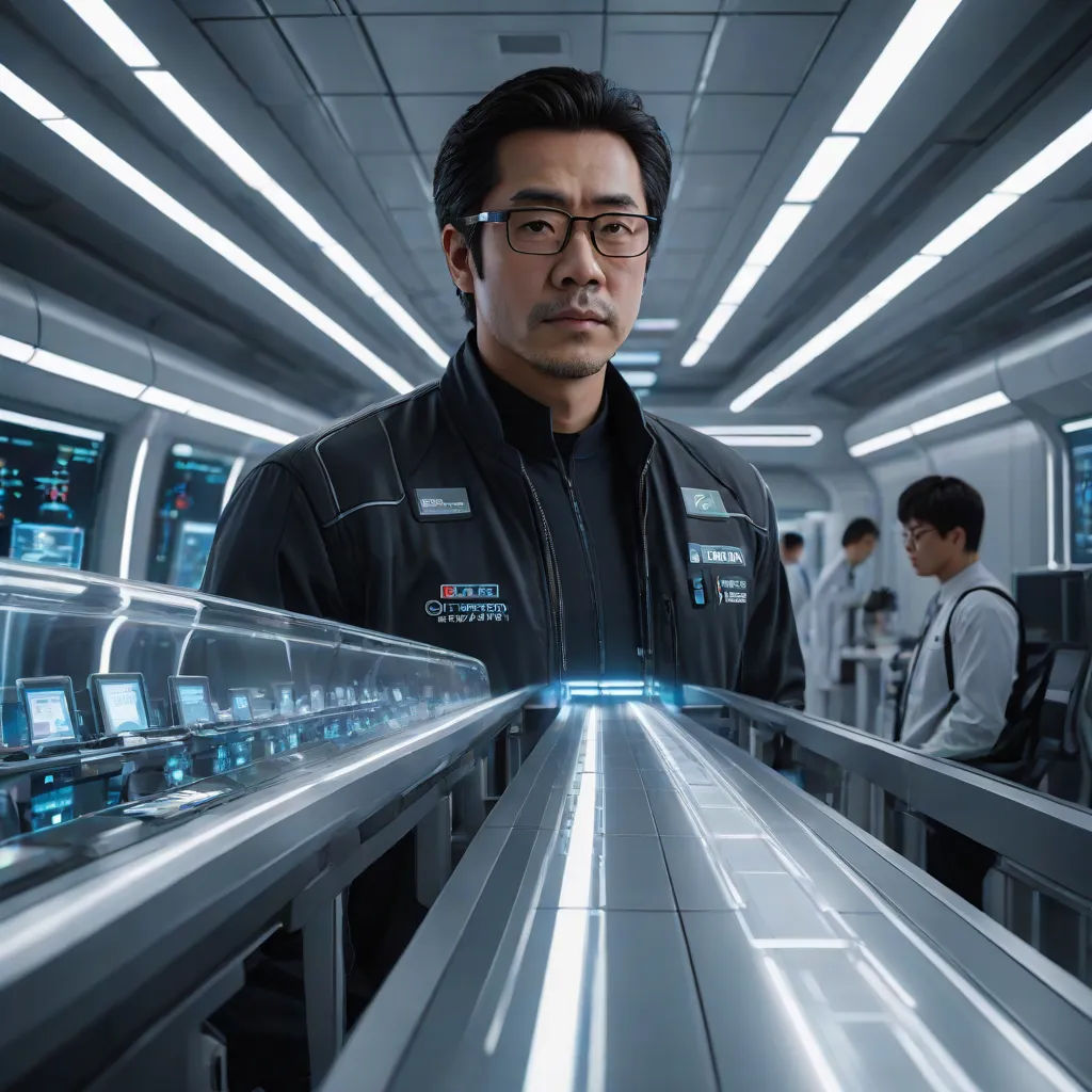 a man in a black jacket and glasses standing in a room with a conveyor belt and people in the background, neoism, a character portrait, David Park, promotional image