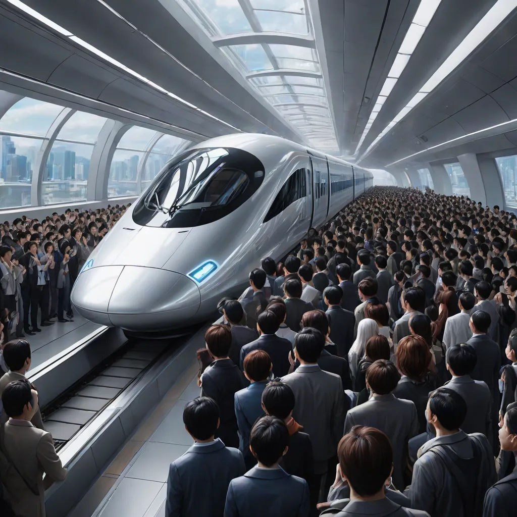 a train is in a train station with many people standing around it and a train is on the tracks, futurism, a digital rendering, Cui Bai, ue 5