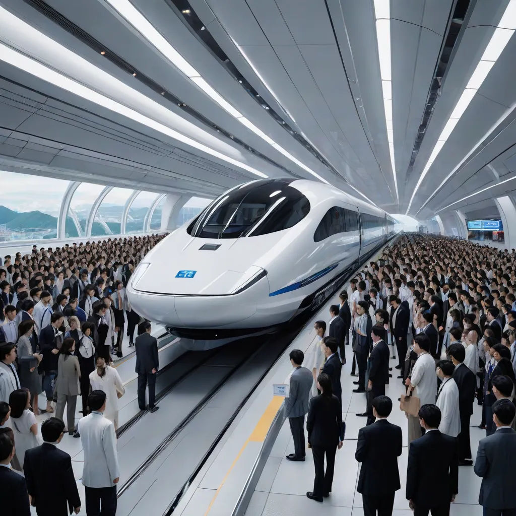 a group of people standing in front of a train in a train station with a bullet train on the track, futurism, a digital rendering, Cui Bai, ue 5