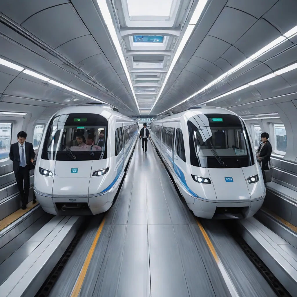 two trains are parked in a subway station with people standing on the platform and one is waiting for the train, panfuturism, a digital rendering, Cui Bai, ue 5