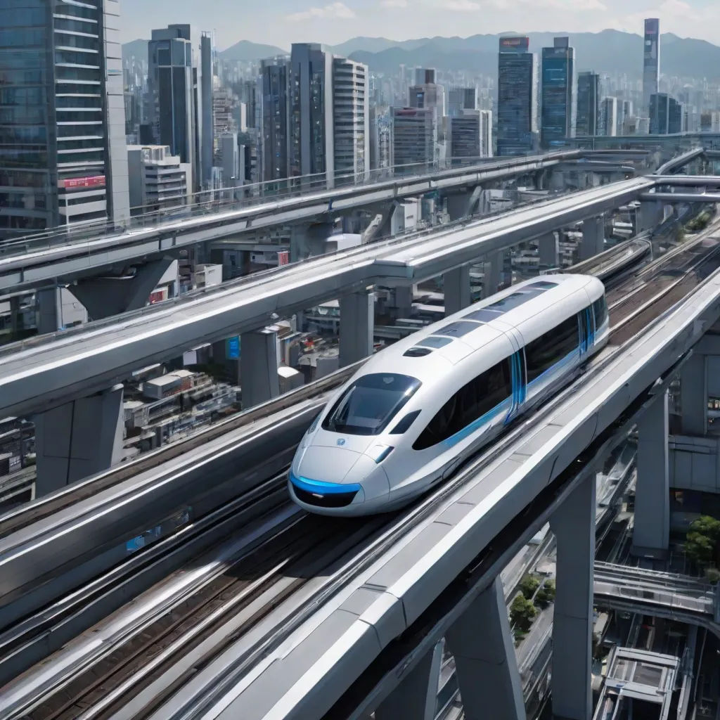 a train is traveling on a track in a city with tall buildings and a bridge in the foreground, futurism, a digital rendering, Cui Bai, ue 5