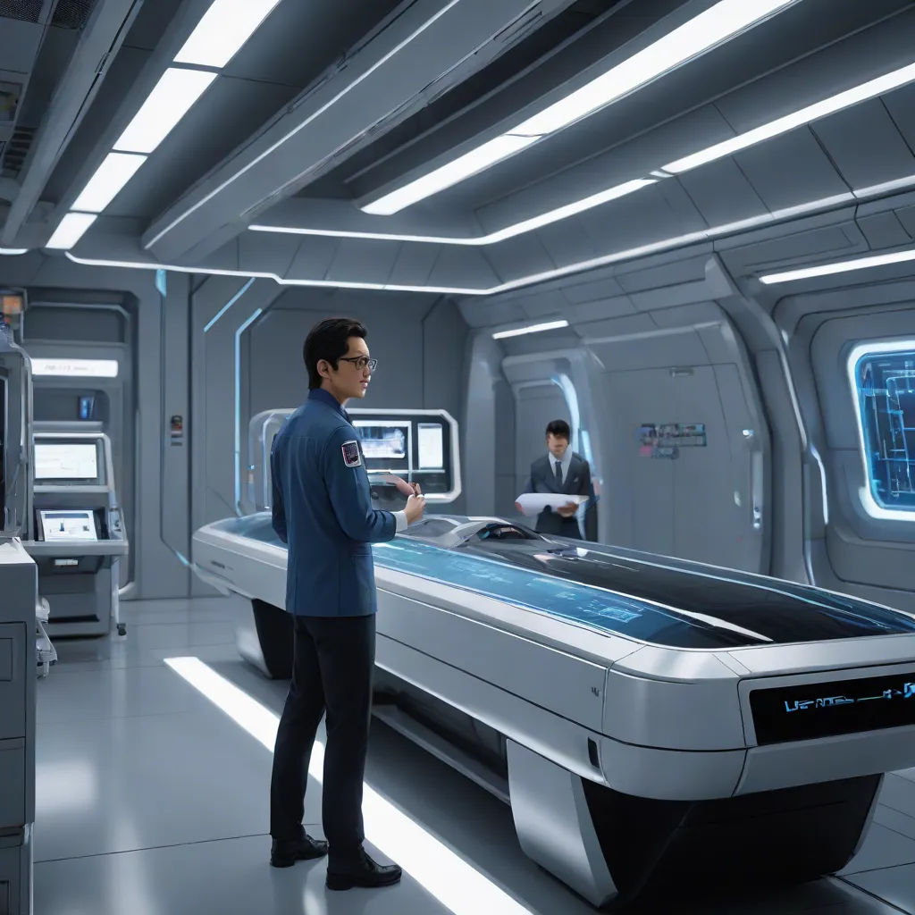 a man standing in a futuristic space station looking at a computer screen and a conveyor belt with a man in a blue shirt, futurism, a hologram, Andrew Law, scifi