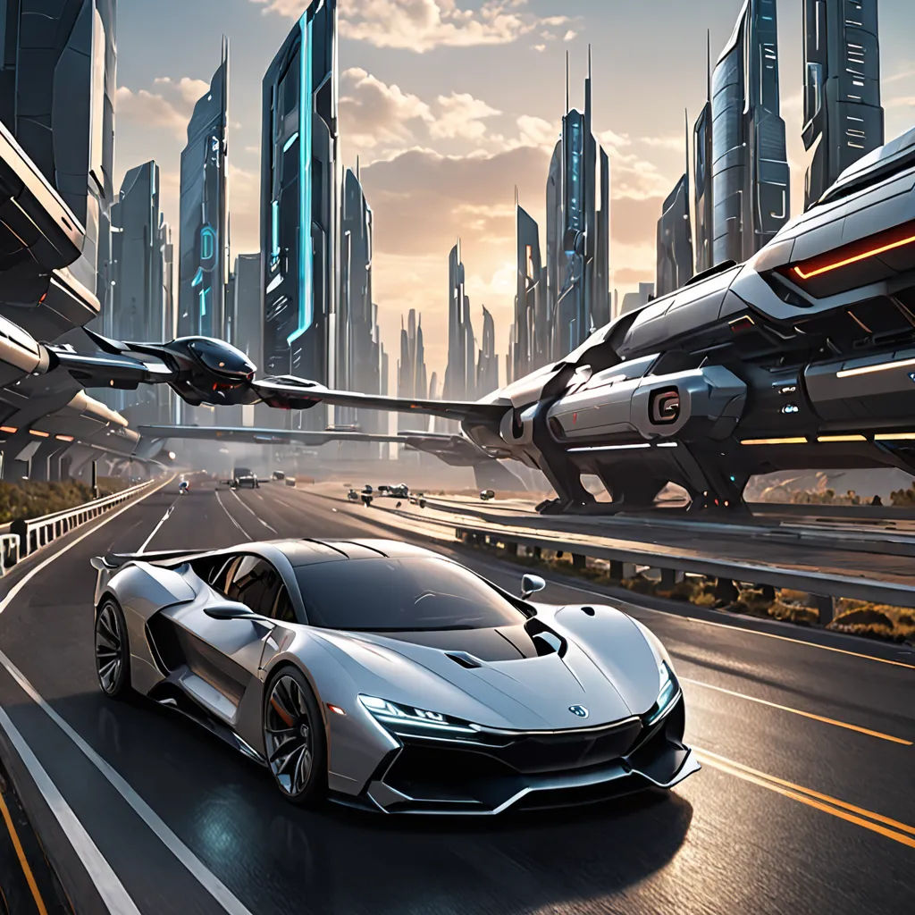 a futuristic city with a futuristic car driving on the road and a futuristic city in the background with skyscrapers, futurism, a matte painting, Cui Bai, cgstudio