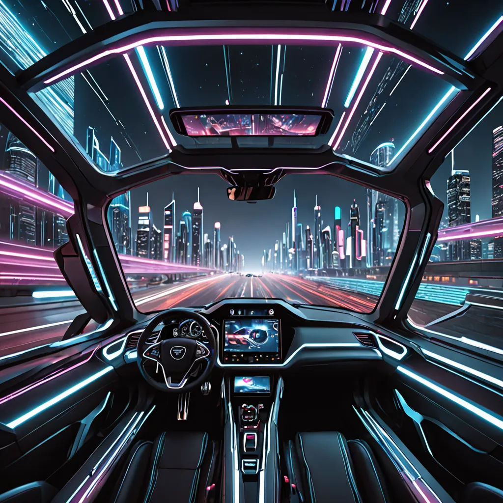 a car driving through a futuristic city at night with neon lights on the ceiling and a dash light on the dash, panfuturism, cyberpunk art, Ai-Mitsu, futuristic