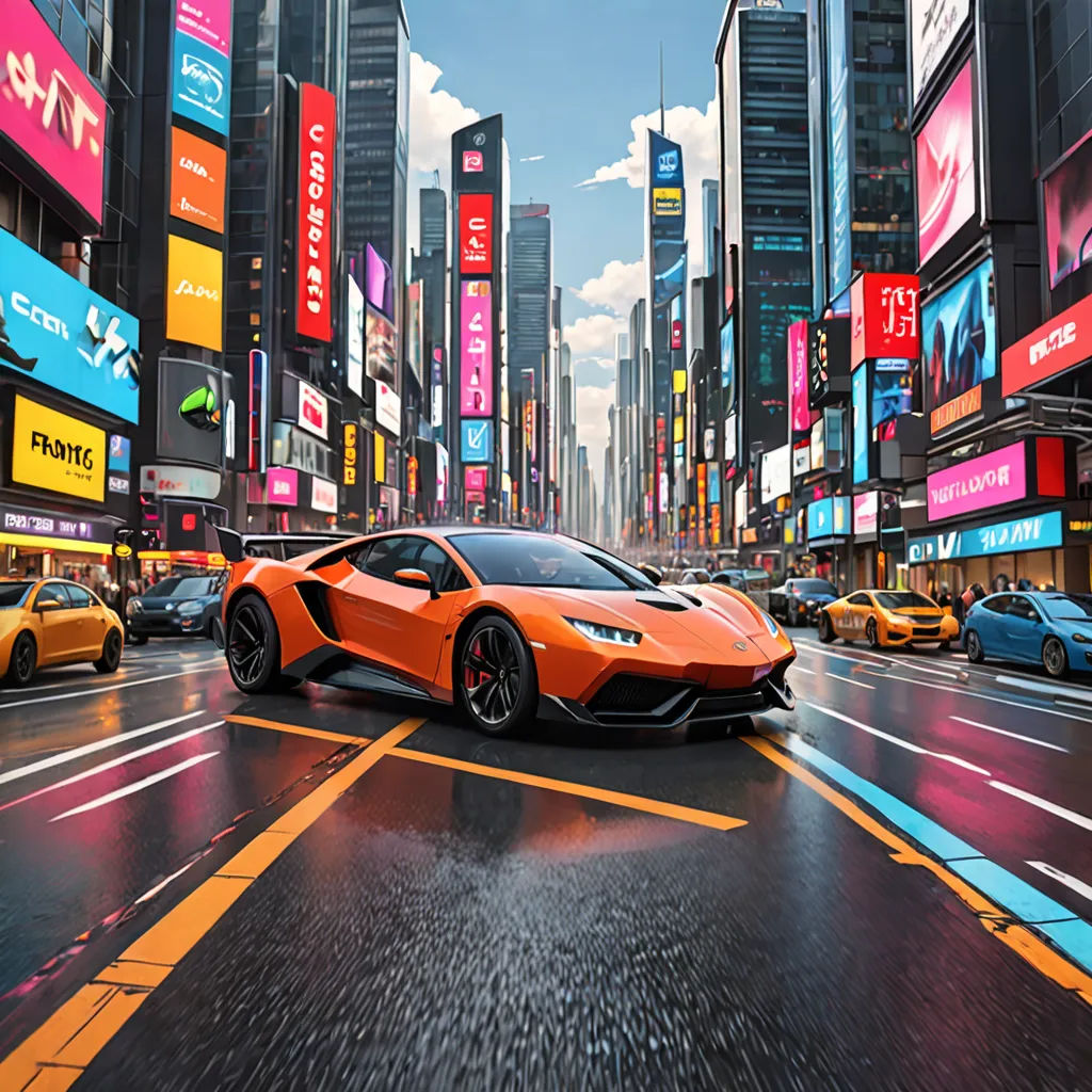 a car driving down a street in a city with tall buildings and neon signs on the sides of the street, photorealism, a matte painting, Beeple, dan mumford. octane render