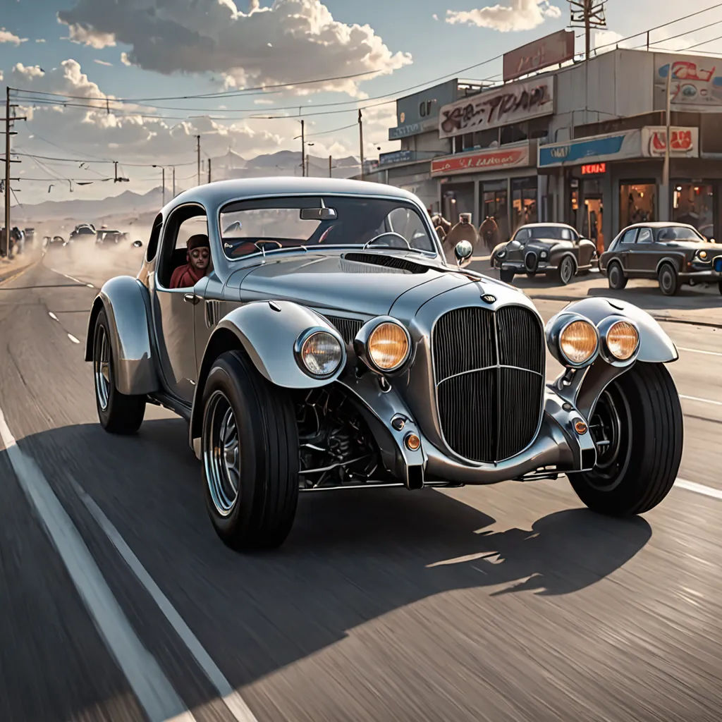a silver car driving down a street next to a building with a sky background and clouds in the sky, cobra, a digital rendering, Art Brenner, dan mumford. octane render