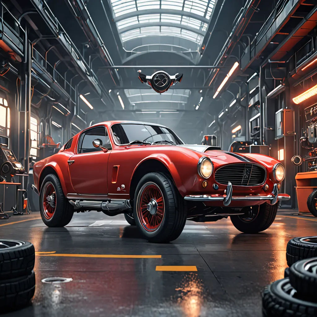 a red car is parked in a garage with other cars in the background and a man in a suit and tie is standing next to it, photorealism, computer graphics, Chris LaBrooy, unreal engine 5 highly rendered
