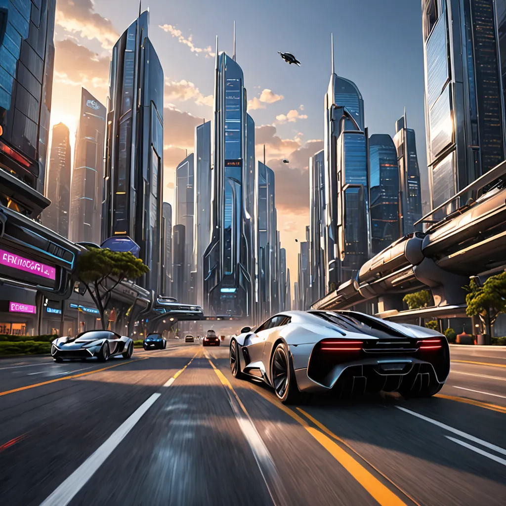 a futuristic city with a futuristic car driving through the streets of the city at sunset or dawn with a bird flying overhead, futurism, computer graphics, Beeple, unreal engine 5