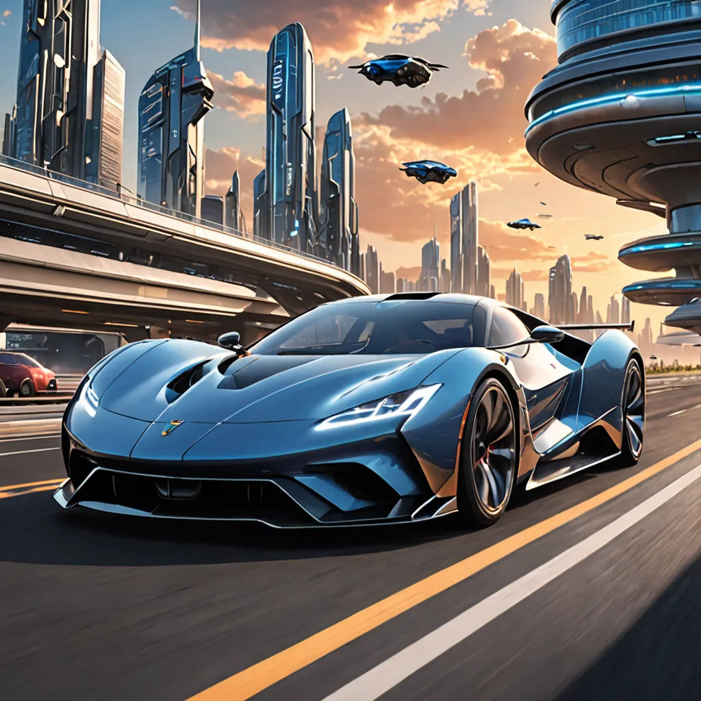 a blue sports car driving down a highway in front of a futuristic city skyline with flying objects in the sky, retrofuturism, a computer rendering, Chris LaBrooy, dan mumford. octane render