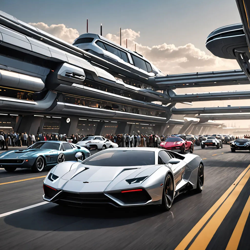 a group of cars driving down a road next to a train station with a sky background and a train on the track, retrofuturism, a digital rendering, Cui Bai, unreal engine render