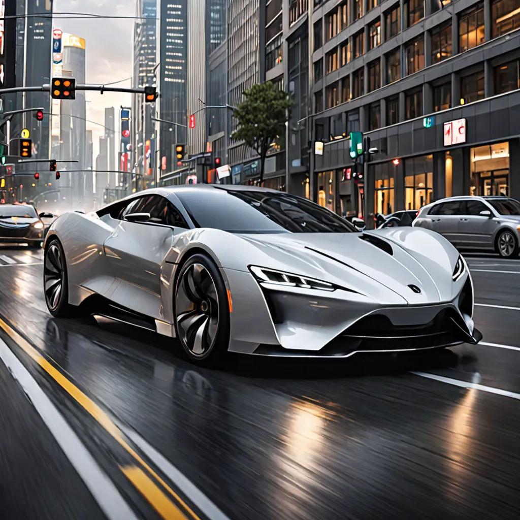 a white sports car driving down a city street at night time with traffic lights and skyscrapers in the background, panfuturism, a computer rendering, Ai-Mitsu, 4k uhd image
