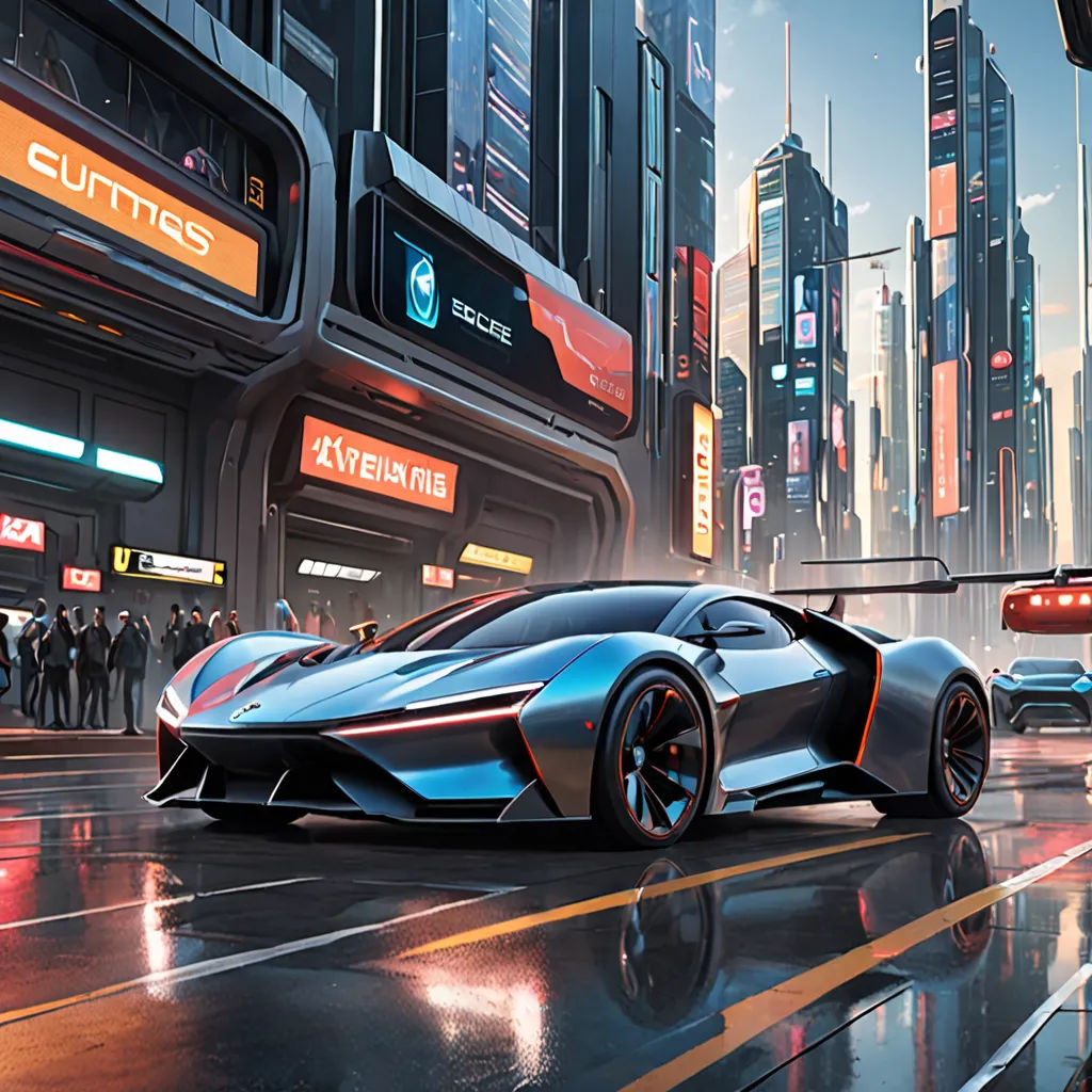 a futuristic city with a futuristic car in the foreground and a futuristic city in the background with people standing on the sidewalk, cubo-futurism, cyberpunk art, Cui Bai, cgstudio