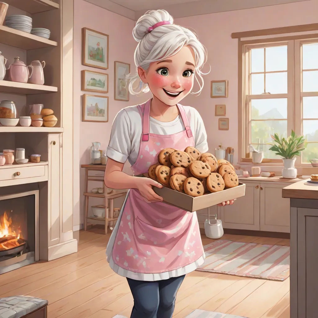 a cartoon girl holding a box of cookies in a kitchen with a fireplace in the background and a painting of a woman in the background, sots art, a storybook illustration, disney, official art