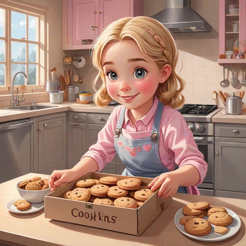 a girl is holding a box of cookies in a kitchen with pink cabinets and pink cabinets and a pink counter, sots art, a storybook illustration, Caroline Lucy Scott, cgstudio