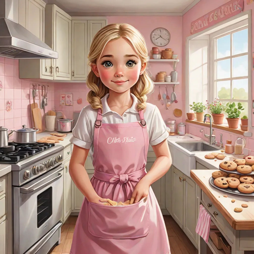 a painting of a girl in a pink kitchen holding a cookie in her hands and a plate of cookies in her other hand, american scene painting, a storybook illustration, Caroline Lucy Scott, cgstudio
