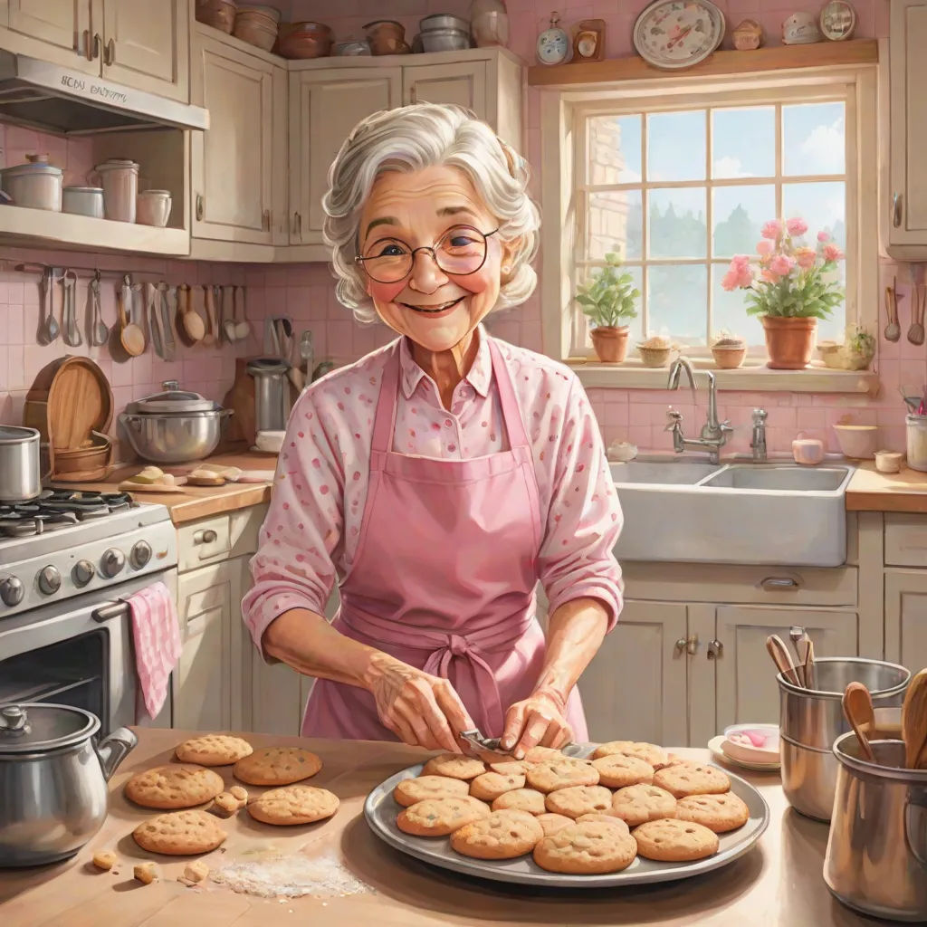 a painting of a woman making cookies in a kitchen with a pan of cookies on the counter and a pan of cookies on the counter, american scene painting, a storybook illustration, Bob Byerley, kinkade