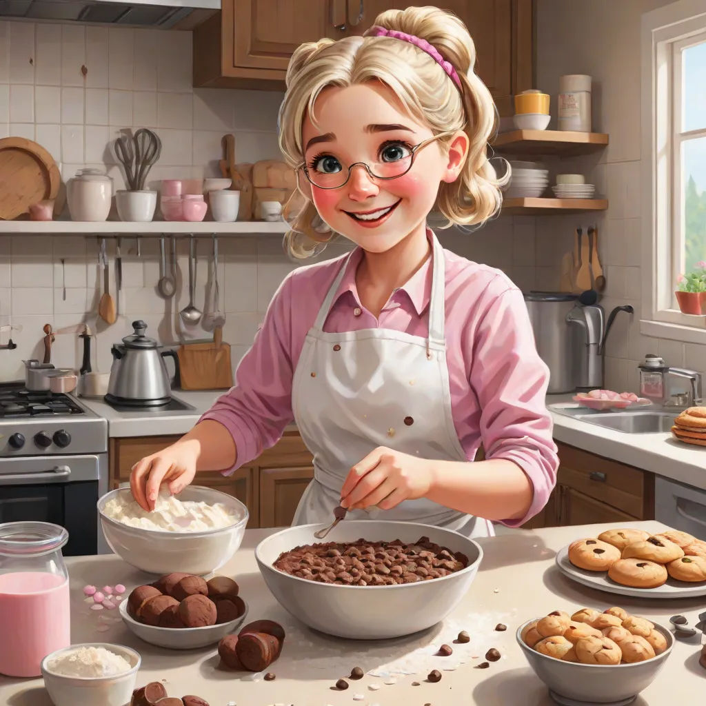 a cartoon girl making a bowl of food in a kitchen with cookies and milk on the counter and a cookie sheet, american scene painting, a storybook illustration, Caroline Lucy Scott, kinkade