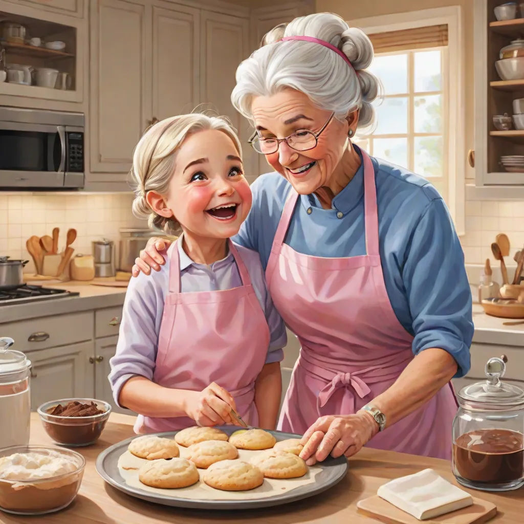 a painting of an older woman and a young girl making cookies together in a kitchen with a large pan of cookies, american scene painting, a storybook illustration, Bob Byerley, storybook illustration