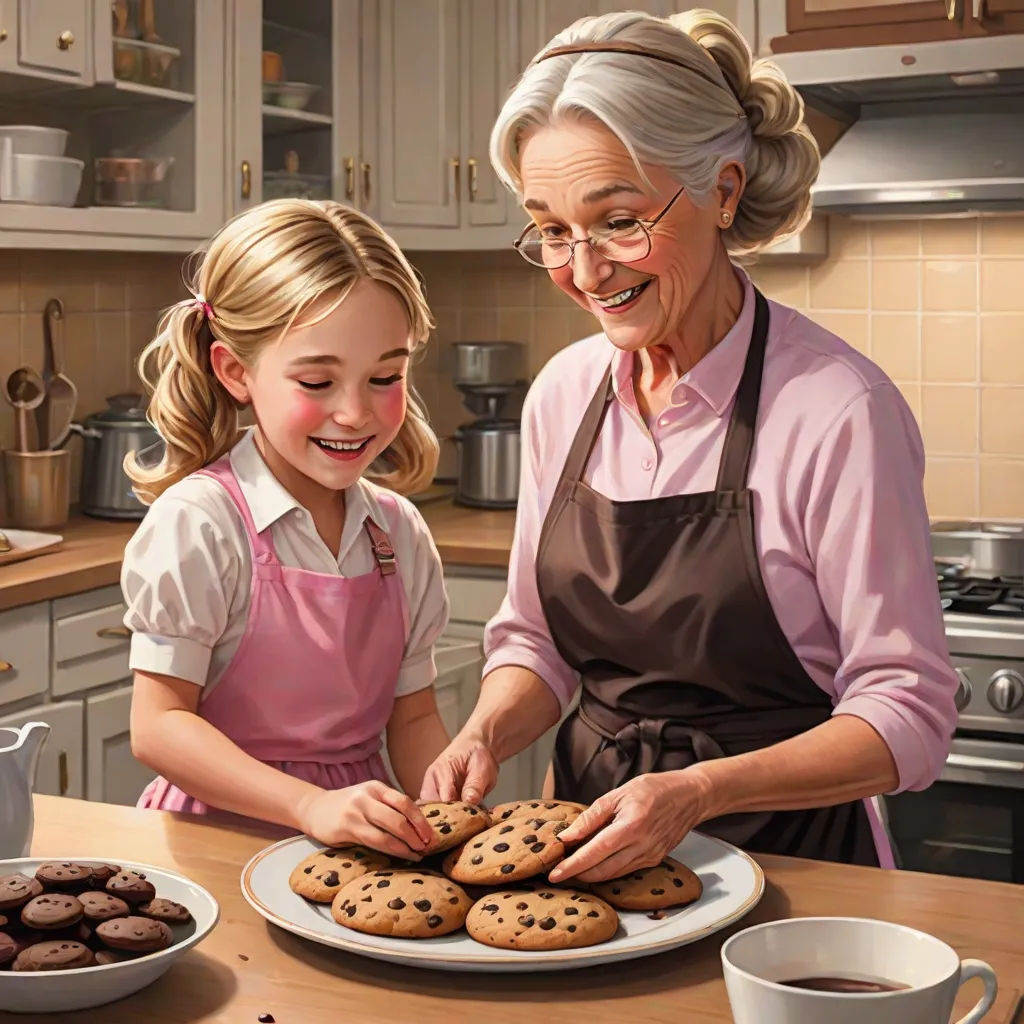 a painting of an older woman and a young girl making cookies together in a kitchen with a plate of cookies, american scene painting, a storybook illustration, Bob Byerley, extremely detailed oil painting