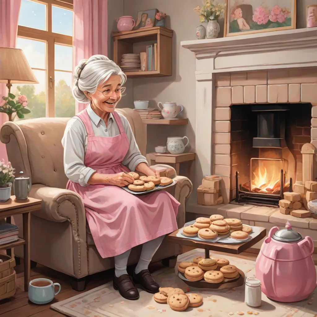a painting of a woman holding a plate of cookies in front of a fireplace with a tea kettle and a kettle, american scene painting, a storybook illustration, Chris LaBrooy, highly detailed digital painting