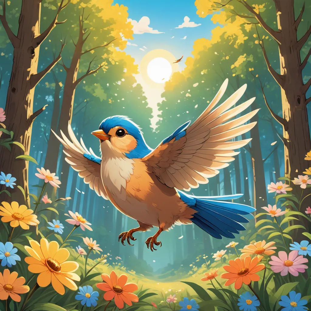a bird flying through a forest filled with flowers and trees with a sun in the background and a bird flying over the forest, fantasy art, a storybook illustration, Chris LaBrooy, rossdraws global illumination