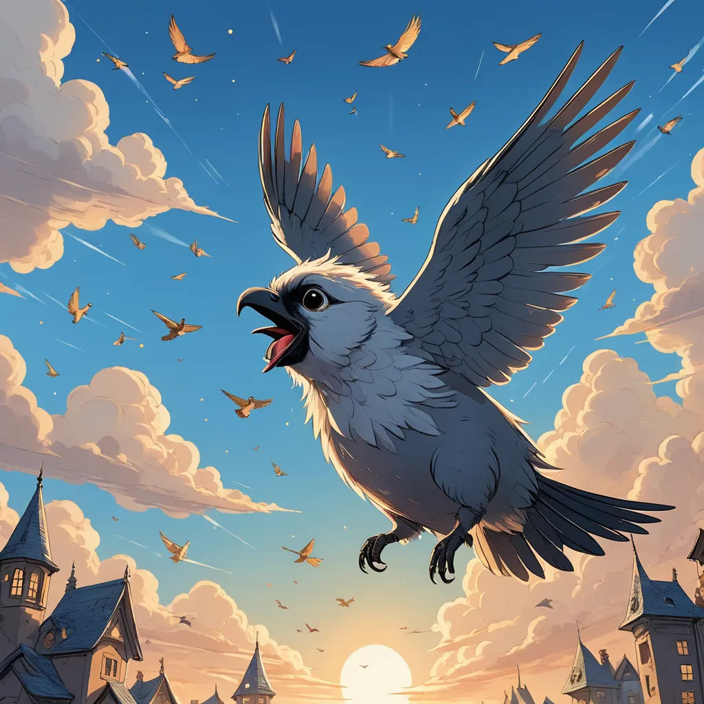 a bird flying over a castle with a sky background and birds flying around it and a sun in the background, fantasy art, a storybook illustration, Chris LaBrooy, rossdraws global illumination