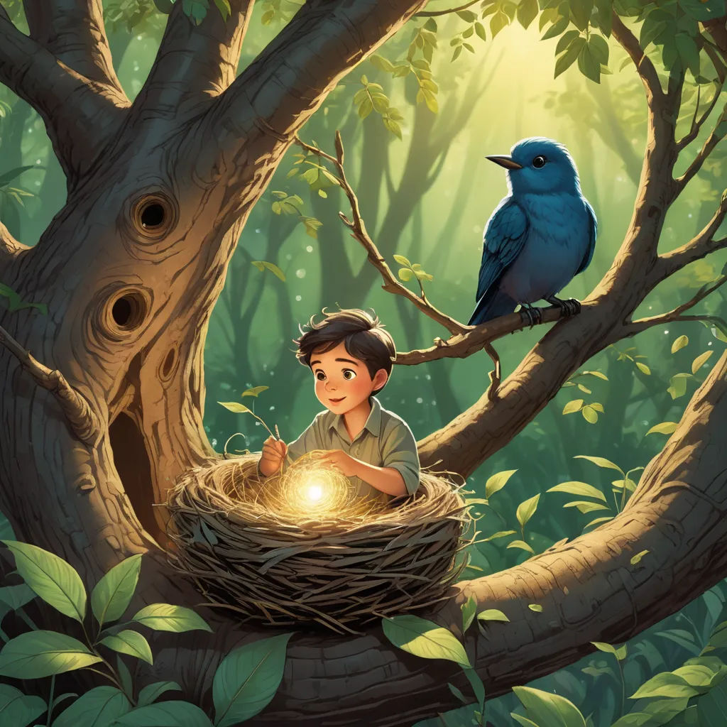 a boy sitting in a nest with a bird on it in a forest with a bird's nest, fantasy art, a storybook illustration, Cliff Childs, storybook illustration