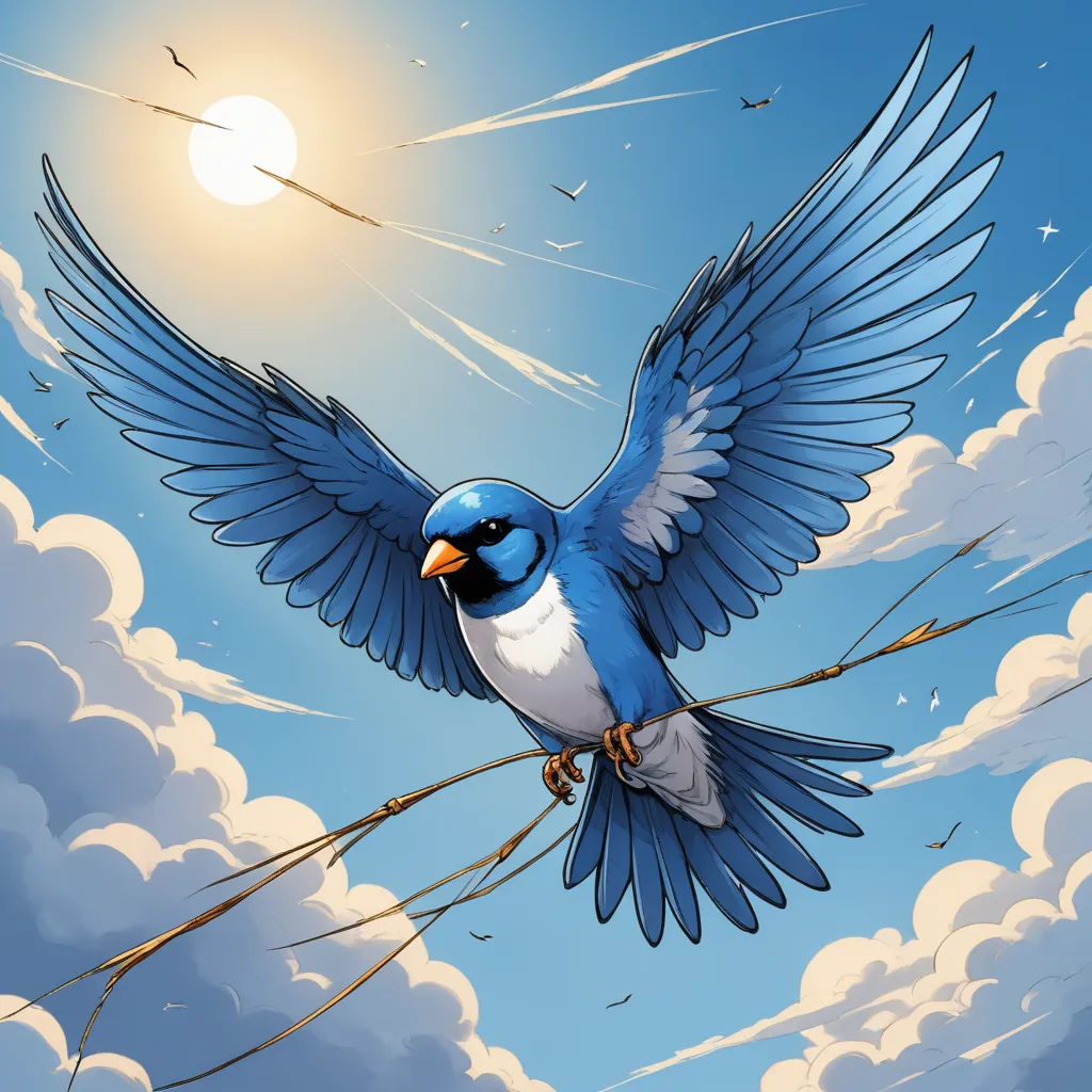 a blue bird flying through the air with its wings spread out and a sun in the background with clouds, altermodern, a comic book panel, Chris LaBrooy, birds