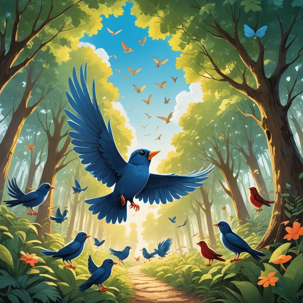 a painting of a blue bird flying over a forest with many birds flying around it and a path leading to the trees, fantasy art, a storybook illustration, Chris LaBrooy, storybook illustration