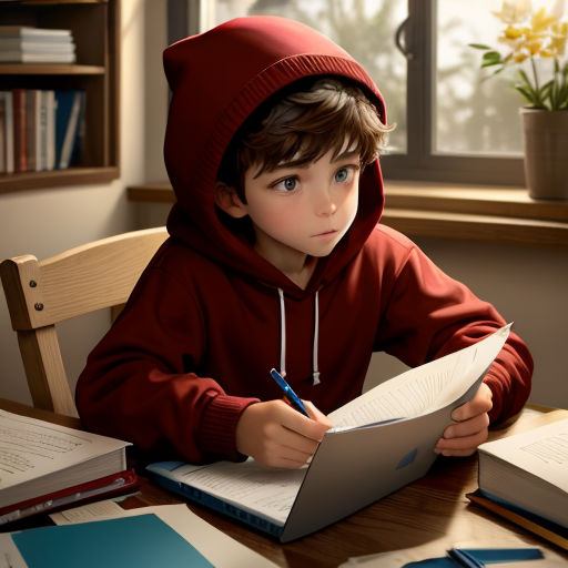 a young boy sitting at a table with a book and pen in his hand and a notebook in front of him