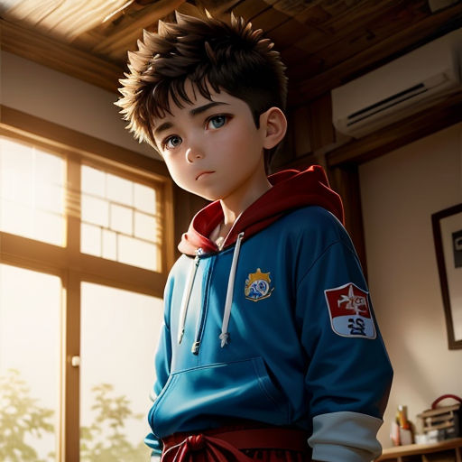 a boy in a blue hoodie standing in front of a window with a red ribbon around his neck