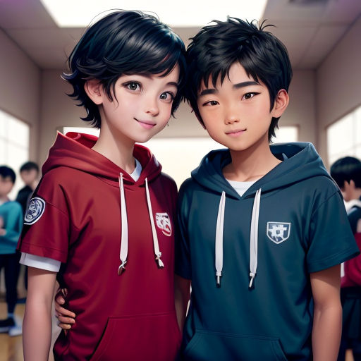 two young boys standing next to each other in a room full of people in the background, one of them wearing a red and blue hoodie