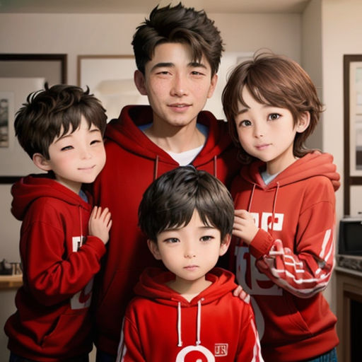 a family of four posing for a picture together in a room with a computer desk and pictures on the wall