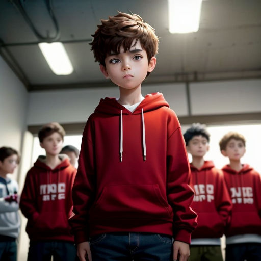 a group of young boys standing next to each other in a room with lights on the ceiling and a person in the middle of the photo